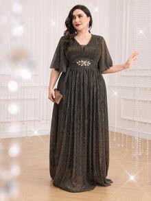 Plus Size Women Sparkling Ruffle Sleeve Long Elegant Dress - Gold - View 5