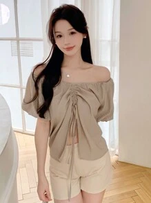 DAZY Màu thuần Cổ chữ V Ngắn tay Dây rút Áo sơ mi - Màu Khaki - Xem 4