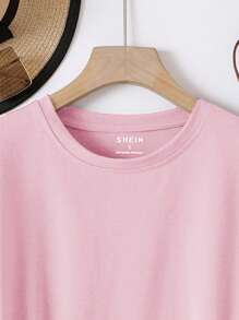 INAWLY Solid Color Round Neck Casual Short Sleeve T-Shirt - Baby Pink - View 4