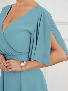 SHEIN Belle Solid Color Butterfly Sleeve Wrap Waist Dress - Baby Blue - View 6