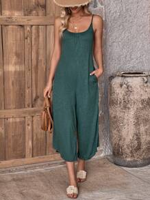 SHEIN VCAY 素色隱藏口袋吊帶連體褲 - 綠色 - 查看 5