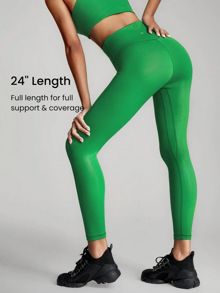 24" Foiled Leather Effect Shimmering Metallic Brushed Yoga Pilates Tights Gym Leggings With Crossover Waist