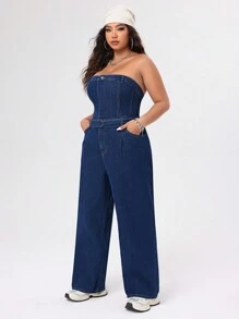 SHEIN ICON 大尺碼牛仔無肩帶連身褲 - 中等水洗藍 - 查看 6