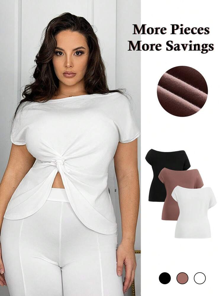 Plus Size Women's 3pcs/Set Twist Knot Hem T-Shirt Combination Set