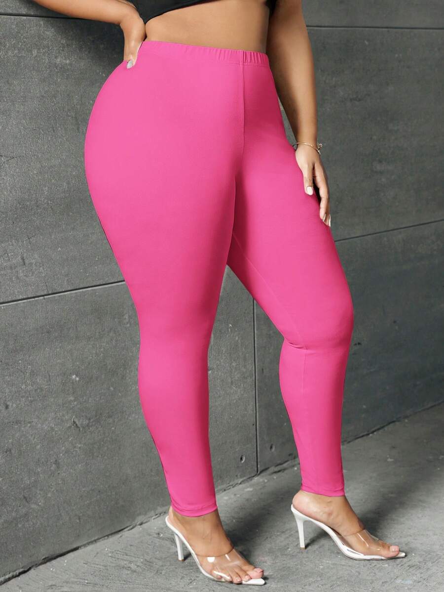 SHEIN SXY 加大尺寸單色緊身褲,具彈性腰部 - 玫紅色 - 查看 1