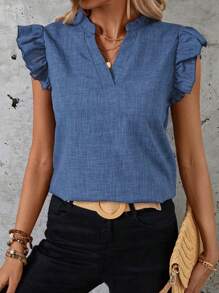 SHEIN LUNE Women's Notched V-Neck Cap Sleeve Blouse - Blue - View 5