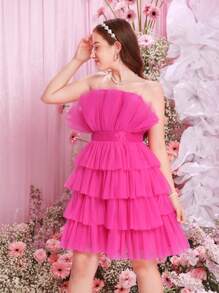 Vestido De Tirantes De Tul En Capas De Color Sólido Para Niña Adolescente Con Correas De Hombro Y Cinturón Extraíbles - Rosa Fucsia - Ver 3