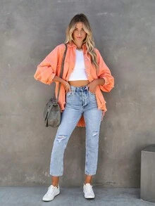 Women's Raw Edged Long Sleeve Denim Blouse - Orange - View 4