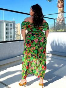 SHEIN SXY Plus Size Women's Off The Shoulder Ruffled Women's Top And Mid-Rise Slit Wide-Leg Pants Printed Vacation Two-Piece Set - Multicolor - View 2