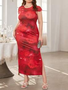 SHEIN Holidaya 大尺碼湯染花卉印花側面高縫魚尾裙 - 紅色 - 查看 5