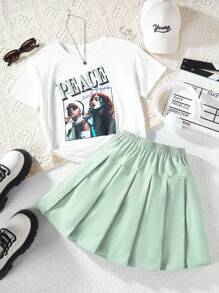 SHEIN Tween Girls' Casual College Style Human Portrait & Letter Printed Short Sleeve Top And Pleated Skirt - Multicolor - View 1