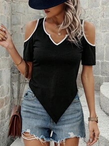 SHEIN LUNE Áo thun nữ tay ngắn hở vai có viền - màu đen - Xem 3