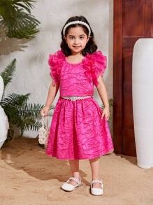 SHEIN Conjunto De Blusa Y Falda Para Niña Joven De Color Sólido Con Ribete De Jacquard Y Volantes