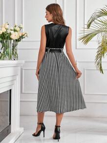 SHEIN Clasi Ladies' Sleeveless Sheath Dress With Hounds Tooth Splice - Multicolor - View 3