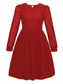 Teenager Mädchen Rundhals Langarmkleid mit gerafftem Saum