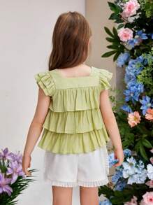 SHEIN Young Girl's Elegant Multilayer Ruffle Buttoned Shirt With Square Neckline - Green - View 3