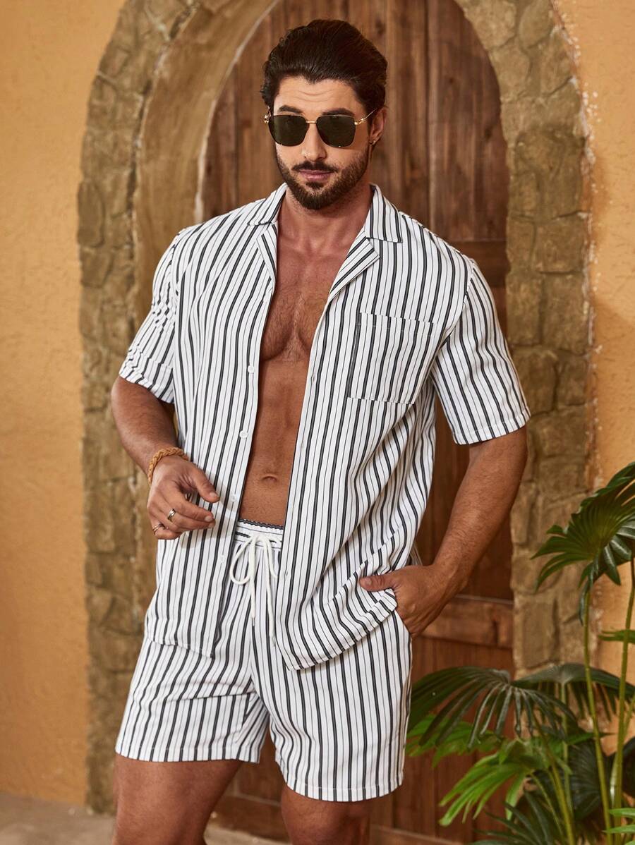 Manfinity RSRT Men's Striped Shirt And Shorts Two-Piece Set - Black and White - View 1