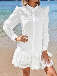 RueChic Embroidered Stand Collar Asymmetric Hem Dress