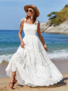 EURMUSE White Shirred Eyelet Embroidery Sleeveless Dress - White - View 6