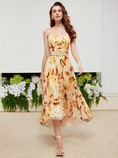 pleated hem tube dress Metallic Ruched Bodice Pleated Hem Formal Party Tube Dress  Elonnashop