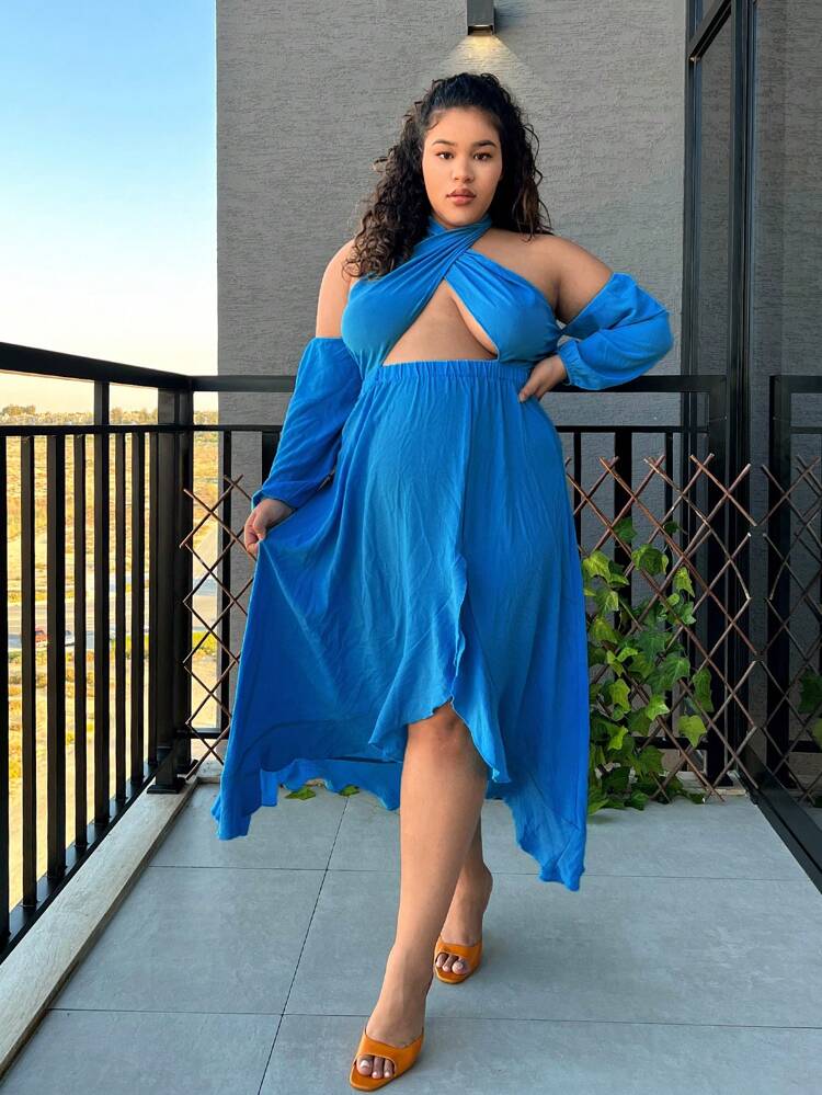 Plus Size  Off The Shorder  Criss Cross Strappy High Slit Ruffled Resort Dress