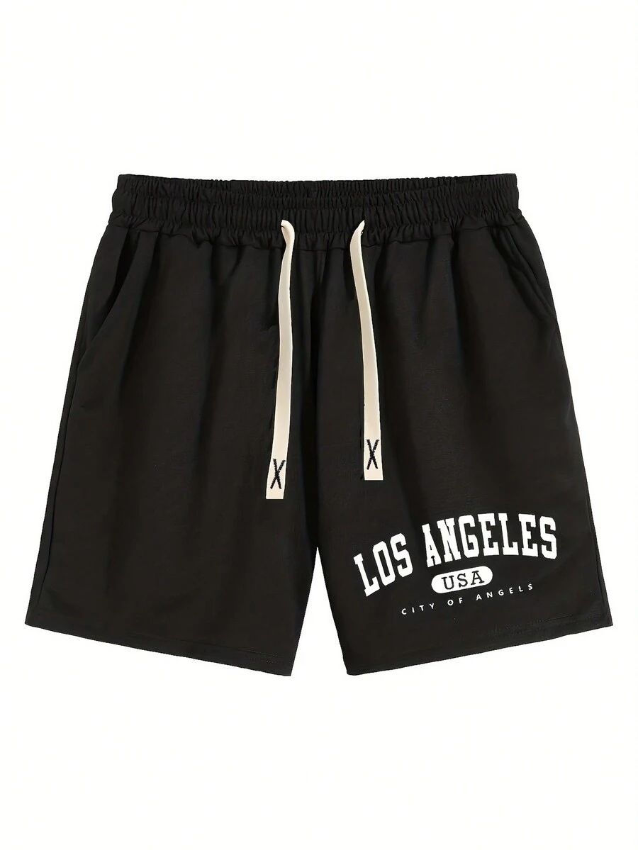 Quần short nam thường ngày, in chữ và hình đồ họa, cạp chun có dây rút, trang phục thể thao và đi biển. - màu đen - Xem 1