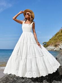 EURMUSE White Shirred Eyelet Embroidery Sleeveless Dress - White - View 1