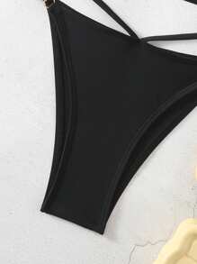 Swim SXY Summer Beach Women's Solid Color Hollow Out Chain Decor Bikini Set - Black - View 5