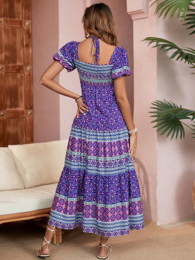 Summer Vintage Printed Dress With Diamond Decorated Collar Music Festival