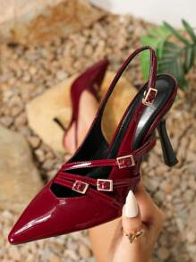 Tacones para mujer de talla grande, zapatos de tacón de aguja de punta fina, zapatos casuales y sexy para fiestas, compras y banquetes. Color vino tinto. Estilo primavera/verano. - Burdeos - Ver 1