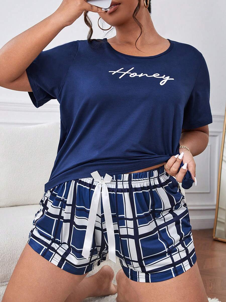 Plus Letter & Plaid Print Tie Front PJ Set / Pajama Set - Navy Blue - View 1
