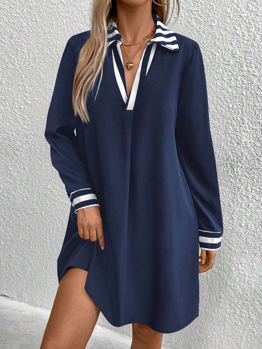 EMERY ROSE Sọc Khối màu Cổ áo chữ V Đầm - Màu xanh hải quân - Xem 1