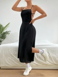 SHEIN EZwear Vestido Cami Con Dobladillo Dividido Y Color Sólido - Negro - Ver 3