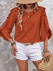 EMERY ROSE Women's Casual Christmas And New Year Solid Color Round-Neck Shirt With Ruffle Details, Casual Ruffle Three-Quarter Sleeves, Round Neck, Loose Regular Fit, In Mahogany Color, Suitable For Everyday Wear In Spring And Autumn, Commuting, And Elegant Parties. - Redwood - View 4