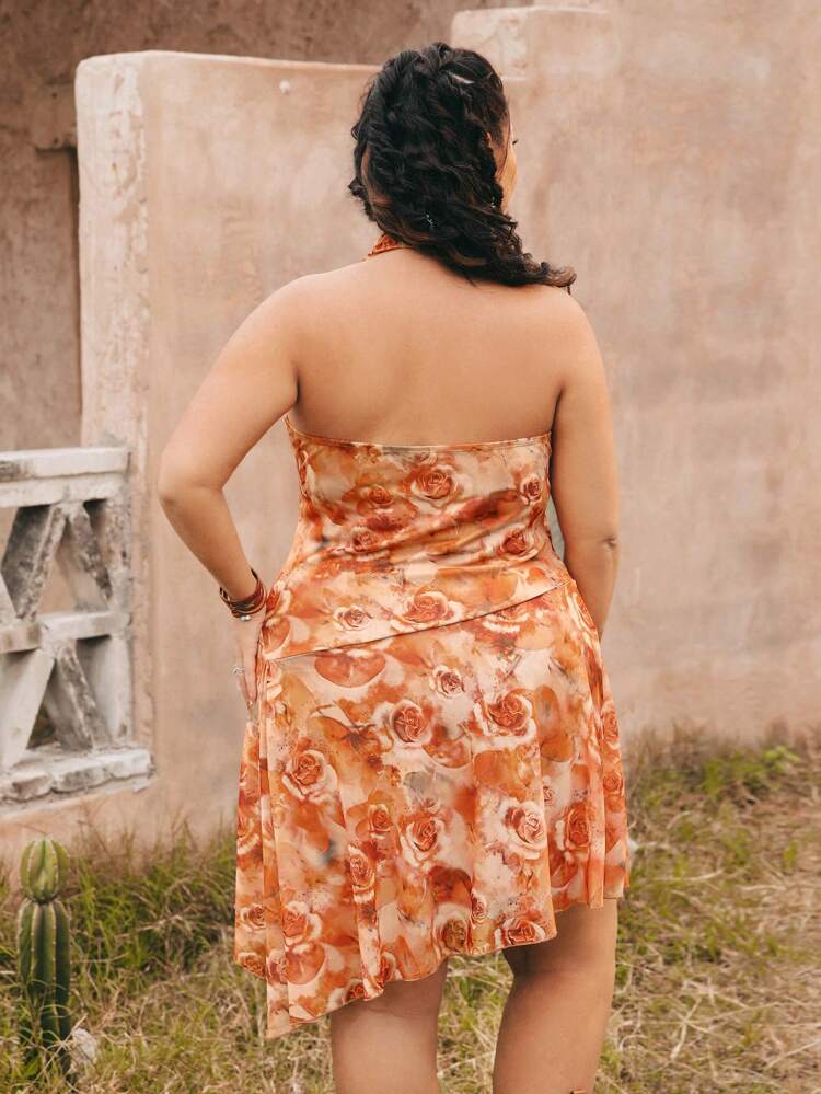 Plus-Size Women's Retro Folk Music Festival Hippie Orange Rose Print Halter Asymmetrical Hem Mesh Cloth Slim Swing Neck Dress Summer Clothes Concert Outfits