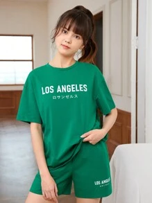 SHEIN 女青少年寬鬆短袖T恤和短褲套裝，印有字母圖案，適合運動和休閒 - 綠色 - 查看 5