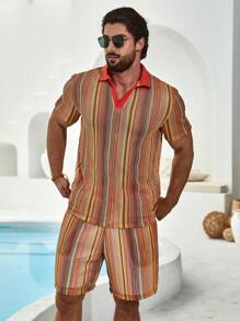 Manfinity RSRT Men'S Colorful Striped Shirt With Lapel Collar And Shorts Set - Multicolor - View 1