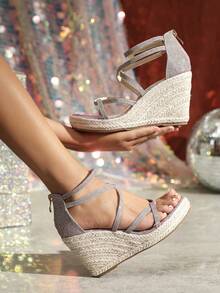 Women's Minimalist Ankle Strap Espadrille Shoes, Holiday Pink Rhinestone Detail Rear Zipper Jute Platform Wedge Sandals - Pink - View 7