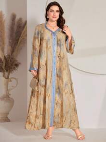 大码女式优雅拼接丝带V领宽松随机印花连衣裙，适合节日、派对、休闲穿着，柔软舒适，亲肤，袖子拼接丝带，视觉开衩效果