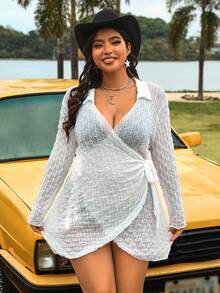 SHEIN VCAY 加大碼女式紮繞和服,配有披肩領和結繩細節 - 白色 - 查看 3