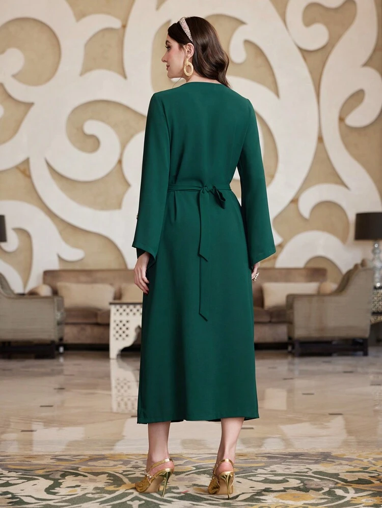 V-Neck Arabic Style Dress With Rhinestone Embellishment