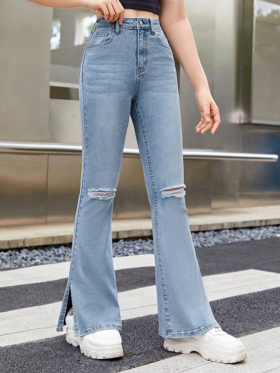 SHEIN Teen Girl Ripped Split Hem Flare Leg Jeans - Light Wash - View 1