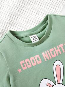 SHEIN Baby Girl's Casual Cartoon Rabbit Pattern Colorblock Pajamas With Ruffle Trim, Loose Fit - Green - View 4