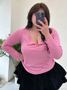 Dazy Plus Áo thun dệt kim gân dáng ôm màu trơn cỡ lớn tay dài - Màu Hồng Tươi - Xem 6