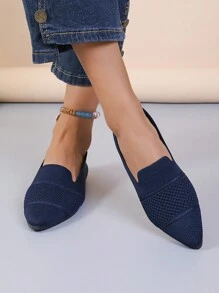 Chaussures plates à enfiler pointues pour femmes, rayées en tricot. Chaussures plates bohèmes chics de couleur unie, mode décontractée confortable pour l'extérieur, côtelées mignonnes, convenant pour les vacances, les fêtes, la maison, le bureau, l'extérieur, toutes les saisons