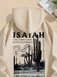 INAWLY 带抽绳的仙人掌标语印花羊毛连帽衫 ISAIAH 我将在荒野中开辟一条道路 我正在做一件新事 沙漠中的河流，长袖上衣 - 卡其色 - 查看 6