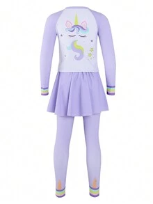 Young Girl's Plain 2 In 1 Top & Long Pants Swimwear Set With Rainbow Star & Cute Cartoon Unicorn Print - Multicolor - View 2