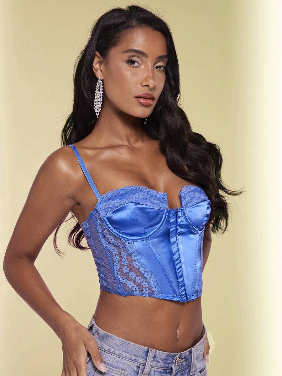 SHEIN BAE Lace And Satin Panel Corset Cami Top, Bikini Holidays & Music Festivals