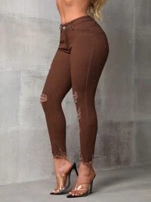 SHEIN ICON Ripped And Fringed Skinny Jeans - Coffee Brown - View 4