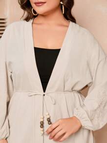 Mulvari 大尺碼純色燈籠袖上衣和褲子兩件套裝 - 杏色 - 查看 6